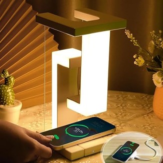 مصباح معلق مغناطيسي متوازن، مصباح طاولة مضاد للجاذبية مع شاحن لاسلكي، منافذ USB مزدوجة و3 اوضاع اضاءة